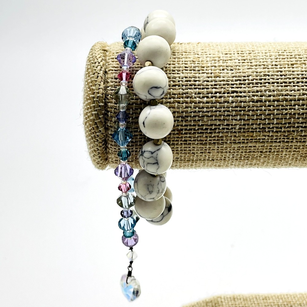 Stretch Bracelets Lot of 2 White Beads Multicolor Floral Boho Stackable